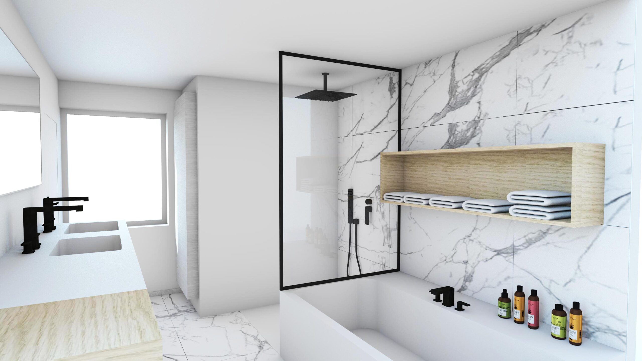 Evolution-interieurwinkel-hasselt-design-meubels-totaalprojecten-familie-p-badkamer-douche-bad-marmer-zwart-wit-3D-visualisatie